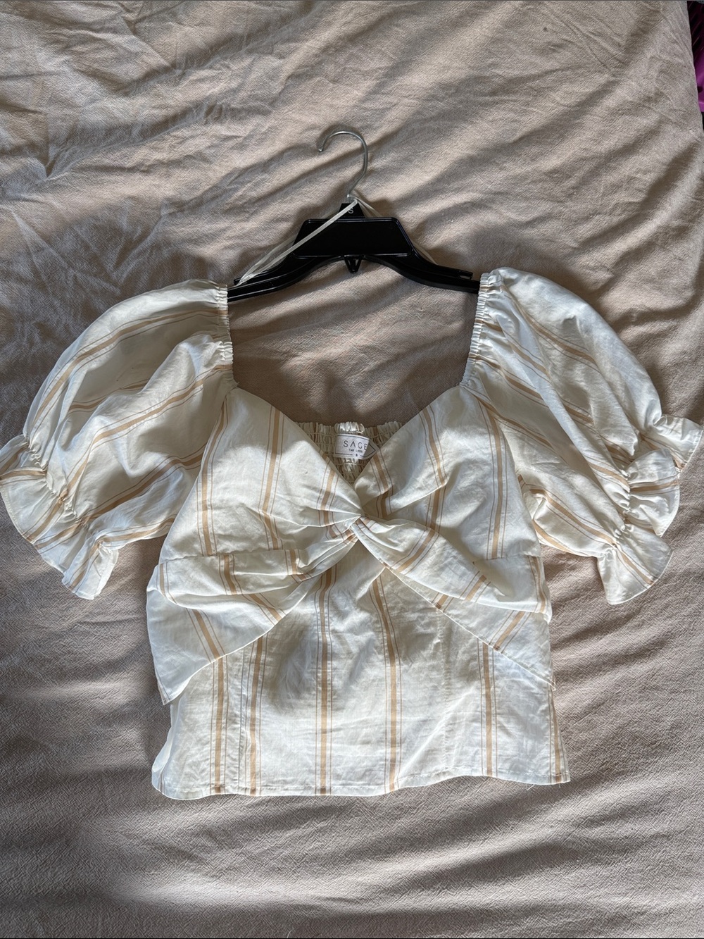 SAGE the label - Cream & Yellow Stripe Puff Sleeve Knot Front Top